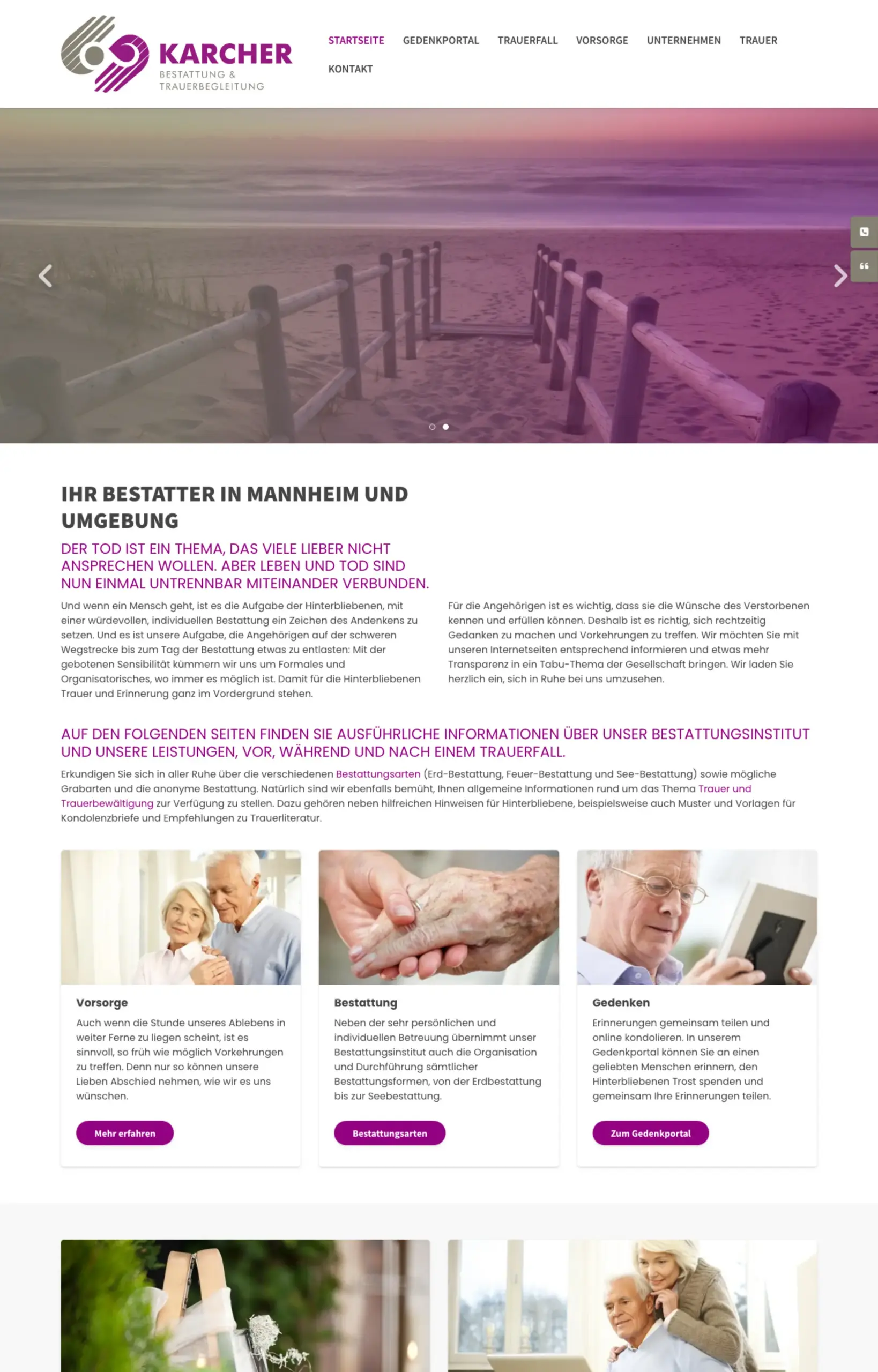 Website von Bestattungshaus Karcher, Mannheim in der Desktop-Ansicht