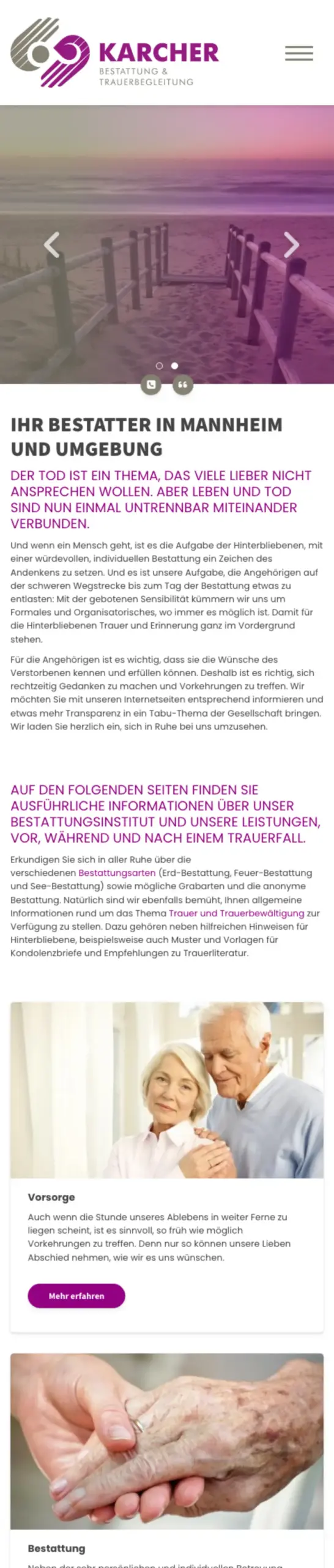Website von Bestattungshaus Karcher, Mannheim in der Mobilansicht