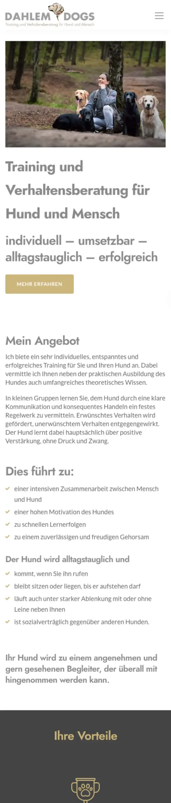 Website von Dahlem Dogs, Berlin in der Mobilansicht