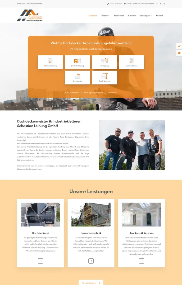 Startseite der Website von Dachdecker Dachdeckermeister & Industriekletterer Sebastian Leinung GmbH aus Düsseldorf in der Desktop-Ansicht
