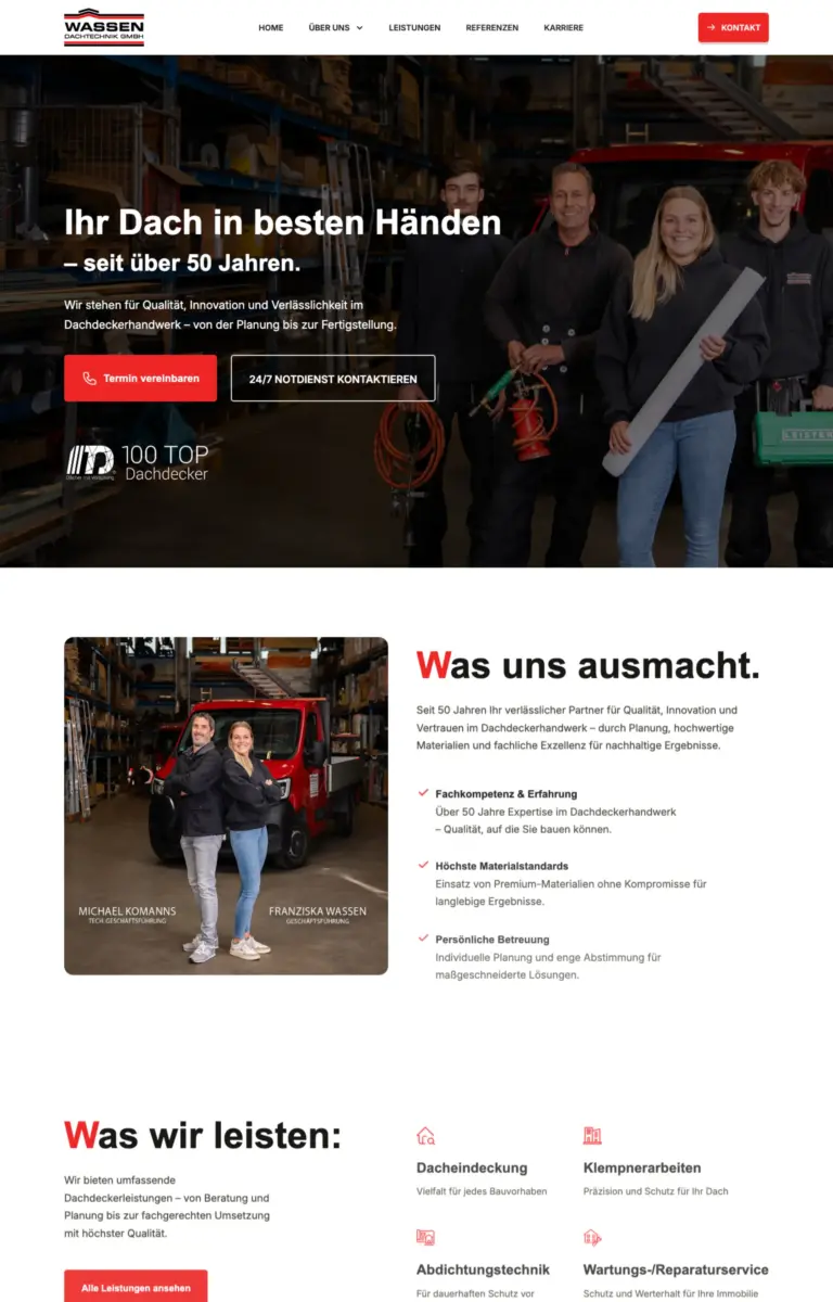 Startseite der Website von Dachdecker WASSEN DACHTECHNIK GMBH aus Düsseldorf in der Desktop-Ansicht