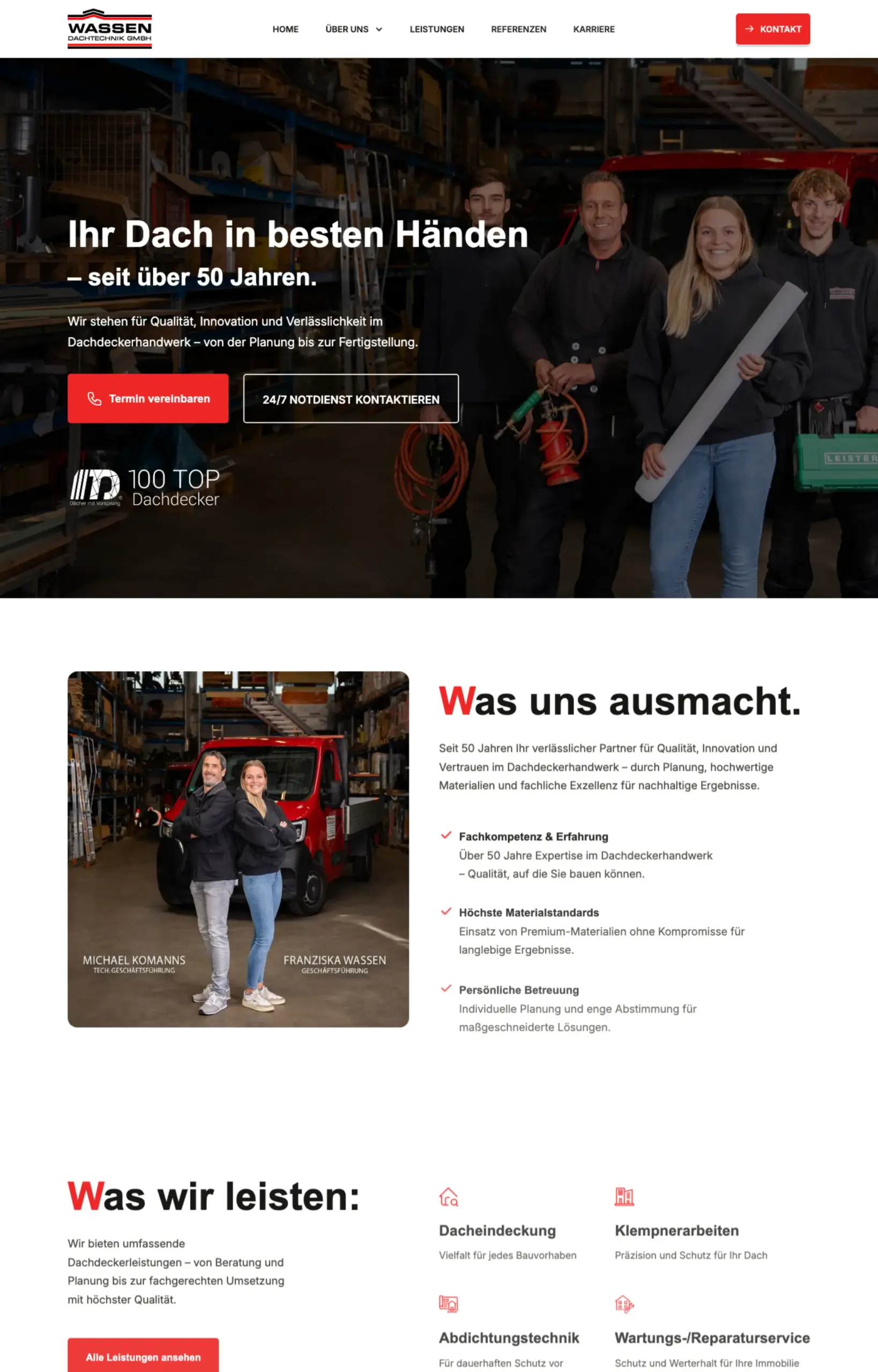 Website von WASSEN DACHTECHNIK GMBH, Düsseldorf in der Desktop-Ansicht