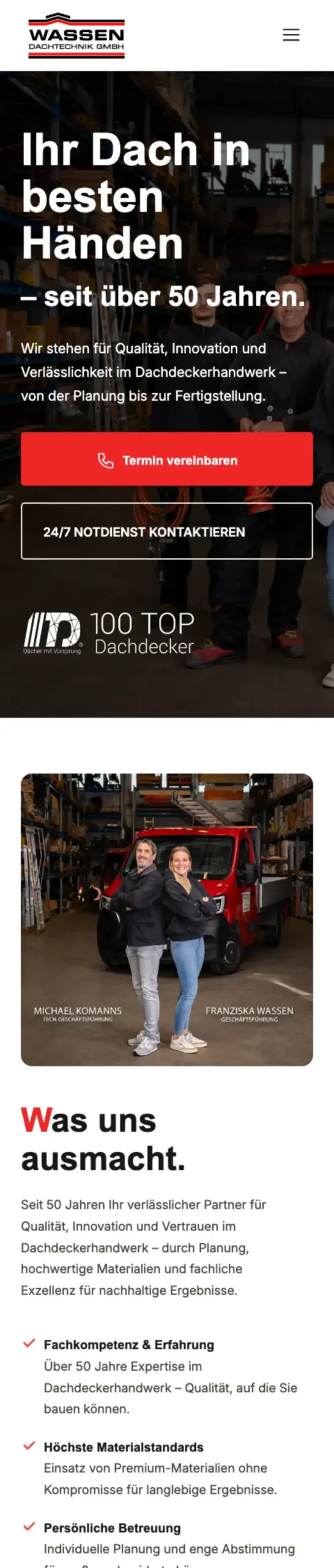 Website von WASSEN DACHTECHNIK GMBH, Düsseldorf in der Mobilansicht
