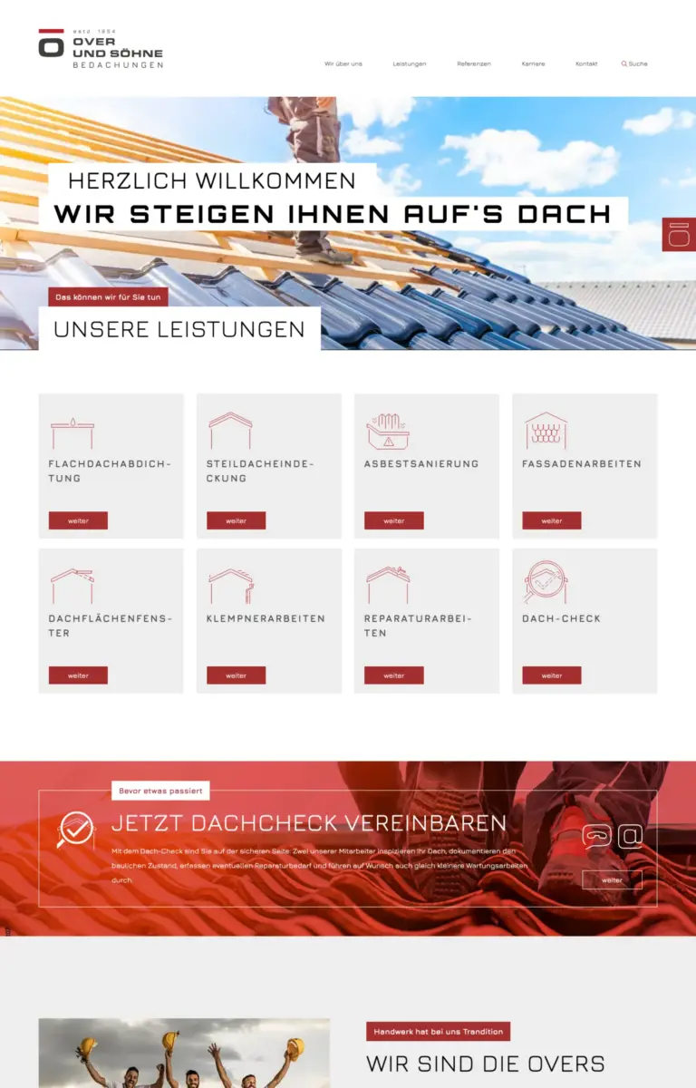 Startseite der Website von Dachdecker Wilhelm Over sen & Söhne GmbH aus Elsdorf in der Desktop-Ansicht