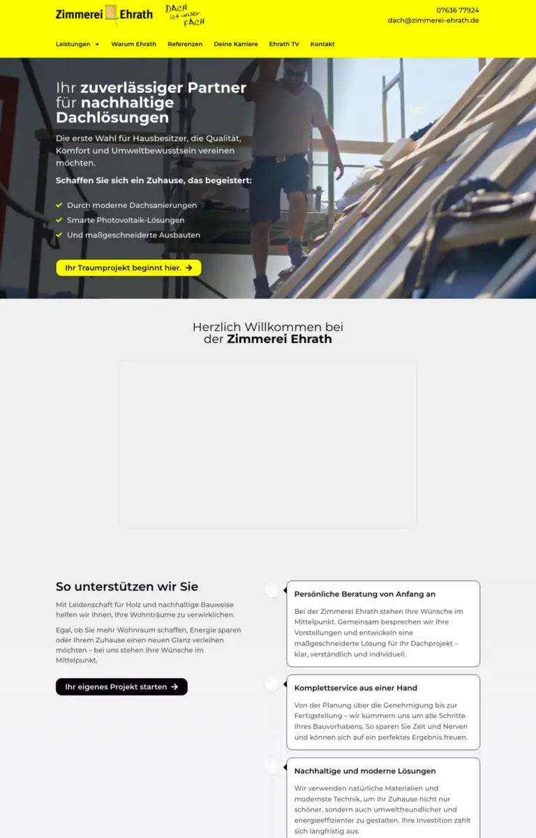 Startseite der Website von Dachdecker Zimmerei Ehrath GmbH aus Staufen in der Desktop-Ansicht