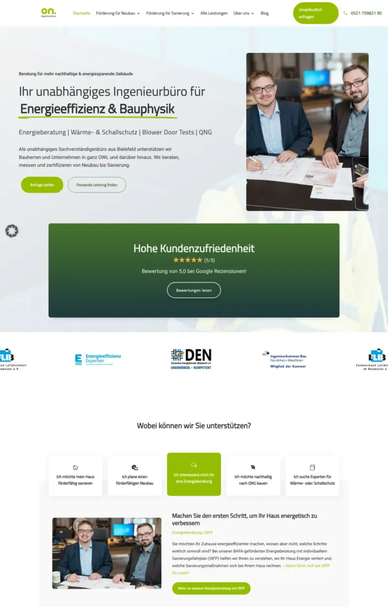 Startseite der Website von Energieberatung on. ingenieurbüro GmbH & Co.KG aus Bielefeld in der Desktop-Ansicht