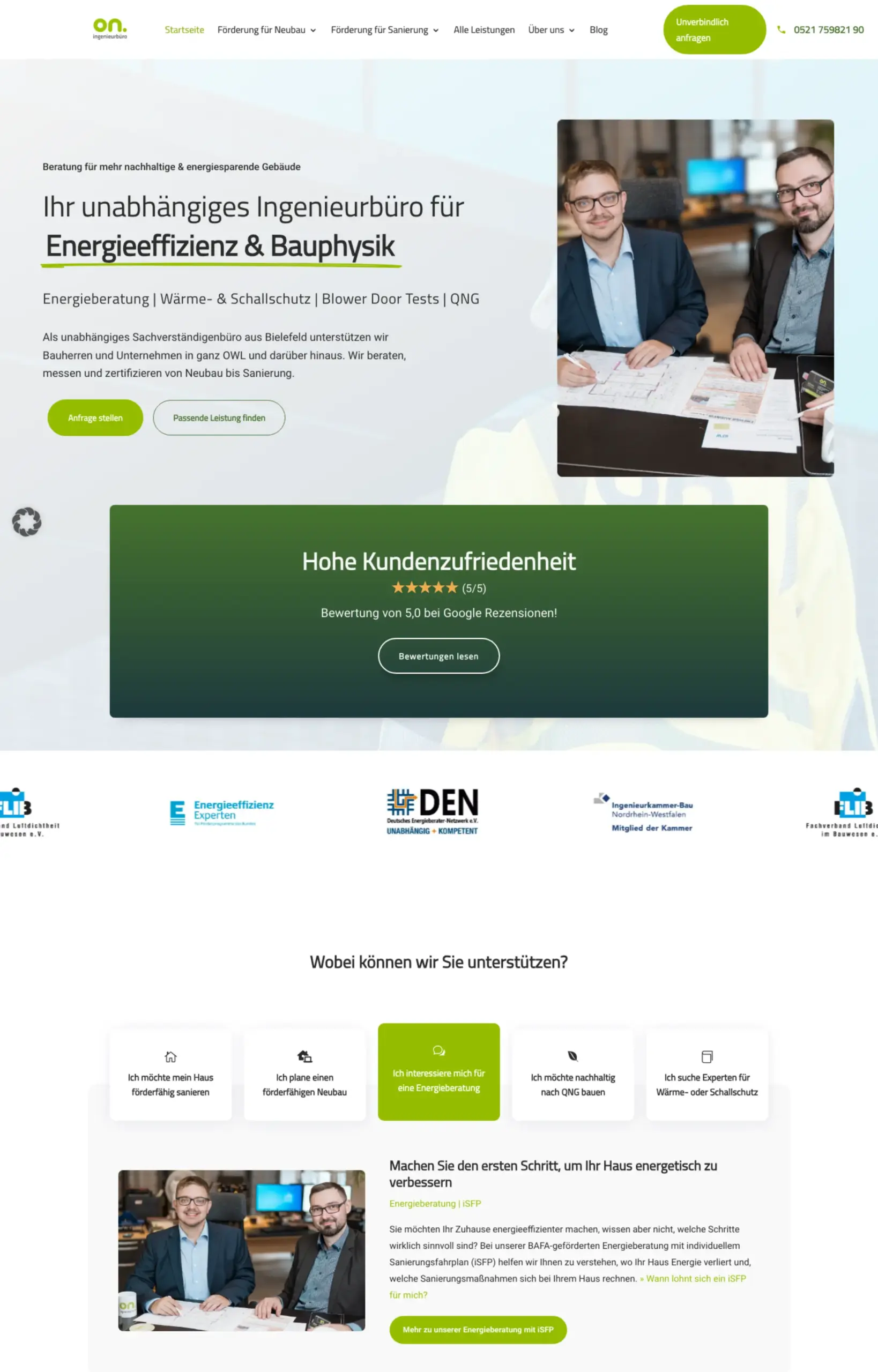 Website von on. ingenieurbüro, Bielefeld in der Desktop-Ansicht