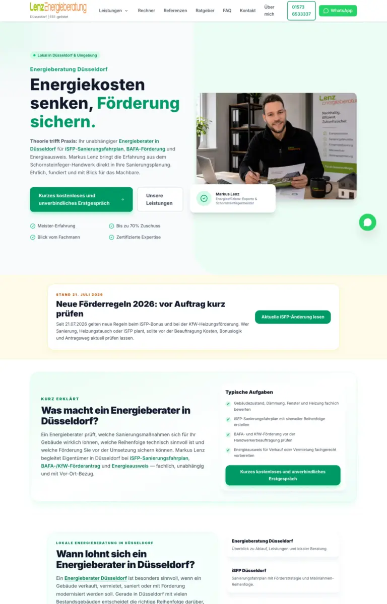 Startseite der Website von Energieberatung Lenz Energieberatung aus Düsseldorf in der Desktop-Ansicht