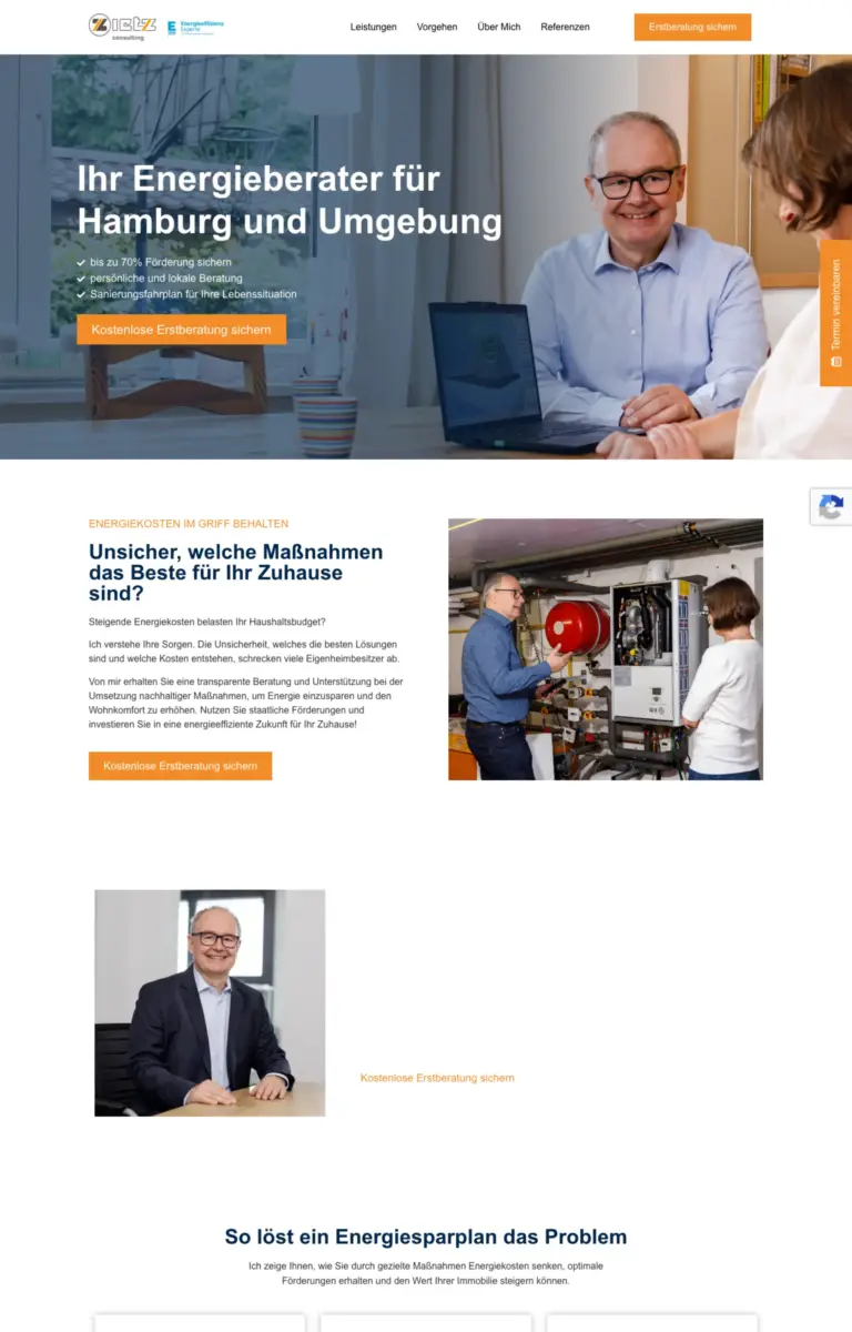 Startseite der Website von Energieberatung Zietz Consulting GmbH aus Hamburg in der Desktop-Ansicht