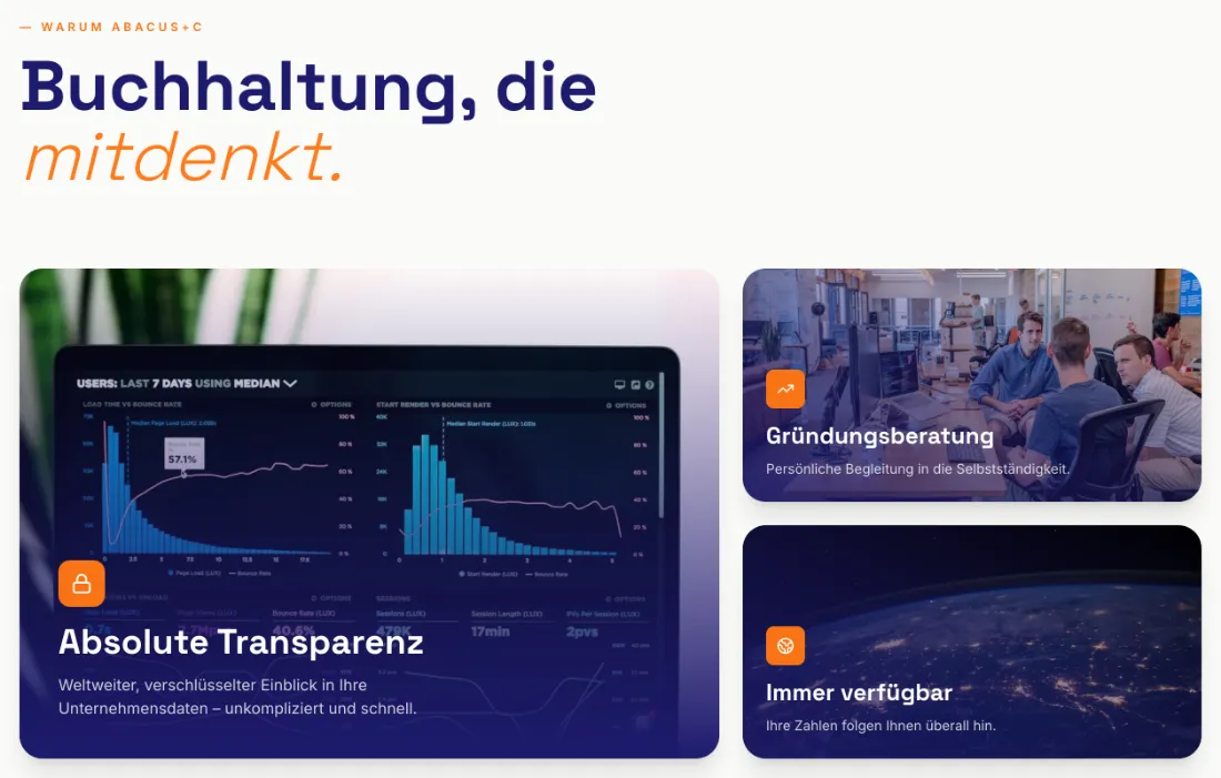 Ausschnitt der Website von Abacus+C, Mannheim: Drei Kacheln mit klaren Überschriften und Icons — wer sucht, erkennt Leistungen und Nutzen auf einen Blick.