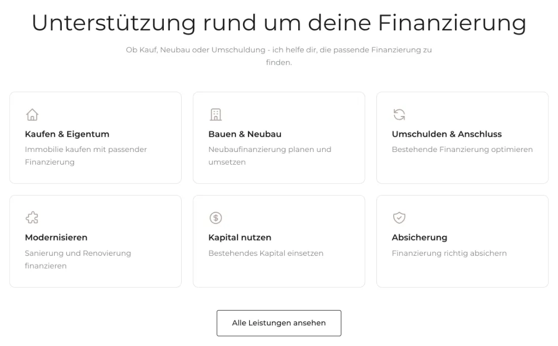 Ausschnitt der Website von ALERA, Landkreis Böblingen: Sechs klar benannte Kacheln mit Unterzeilen ordnen das Angebot — wer sucht, erkennt seinen Bedarf auf einen Blick und klickt zielgerichtet.