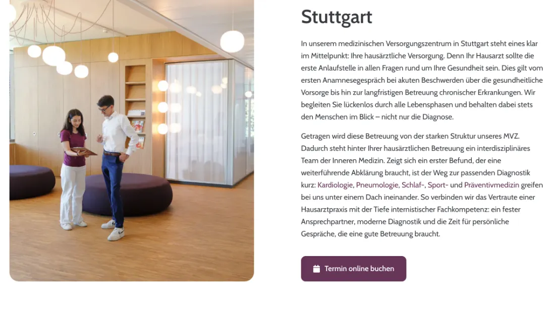 Ausschnitt der Website von Arztpraxis Innere Medizin MVZ GbR, Stuttgart: Standorttitel, fünf verlinkte Fachgebiete und der Weg von Erstgespräch bis Vorsorge — der Besucher versteht das Angebot und bucht.
