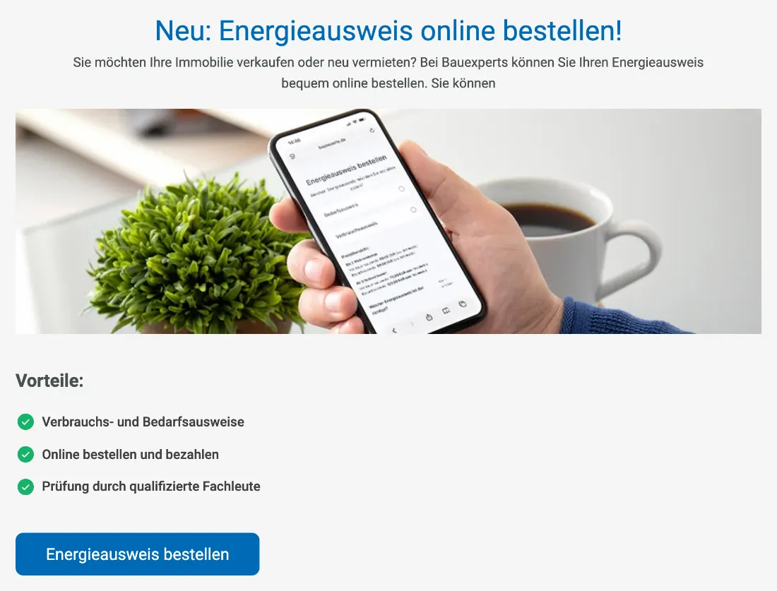 Ausschnitt der Website von Bauexperts Hamm, Krefeld: Drei klar abgehakte Vorteile und ein eindeutiger Button unten — wer sucht, erkennt Nutzen und nächsten Schritt auf einen Blick.