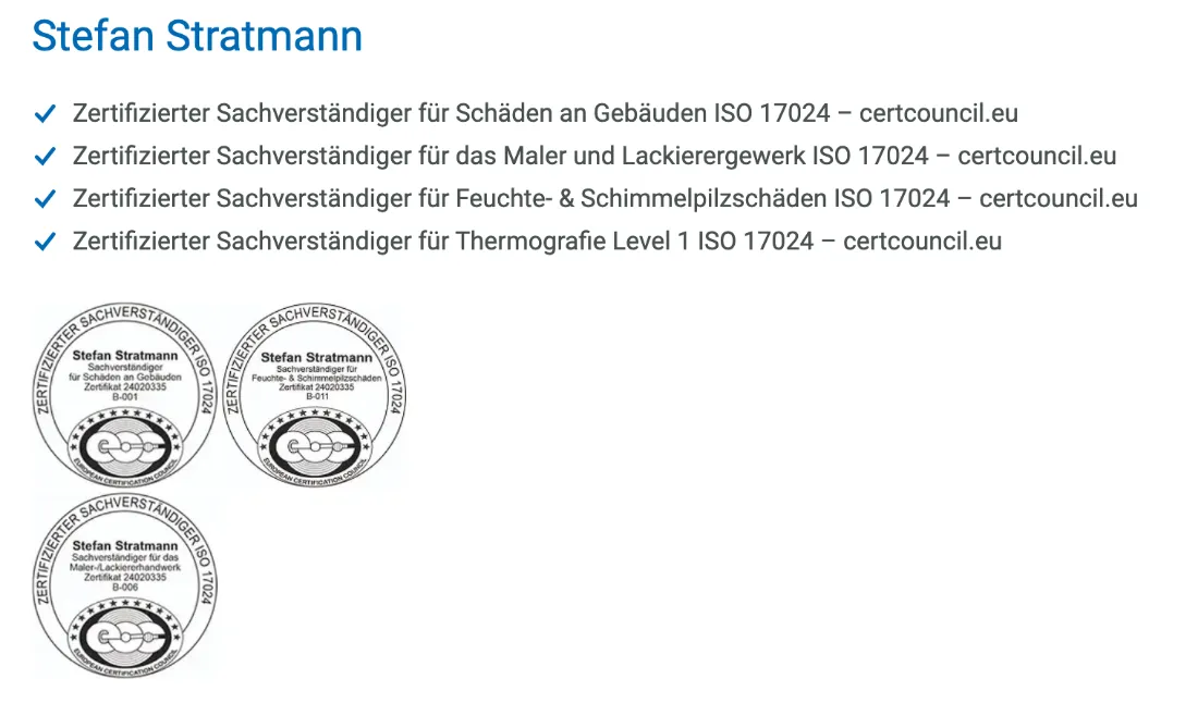 Ausschnitt der Website von Bauexperts Hamm, Krefeld: Vier ISO‑17024‑Zertifikate mit Quelle certcouncil.eu — der Besucher kann Qualifikation prüfen statt sie glauben zu müssen.