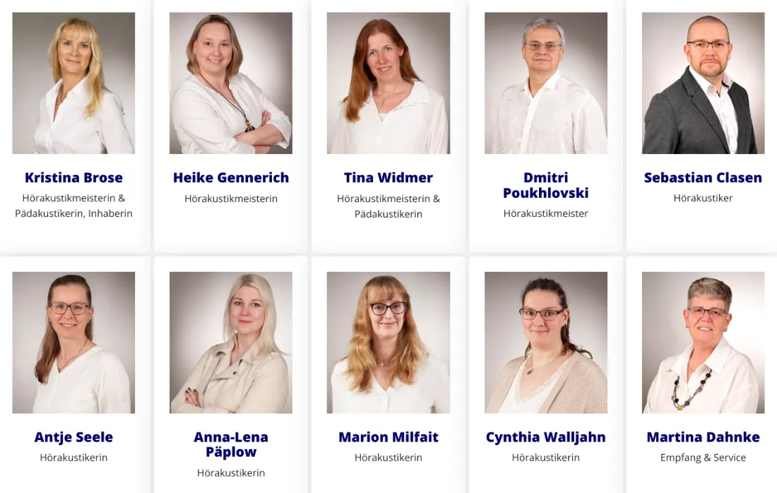 Ausschnitt der Website von Brose Hörakustik GmbH, Landkreis Rostock: Zehn Porträts mit klaren Berufsbezeichnungen — wer sucht, erkennt sofort Zuständigkeiten und Teamgröße.