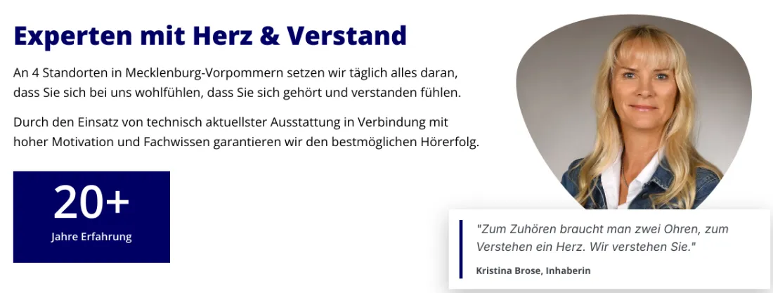 Ausschnitt der Website von Brose Hörakustik GmbH, Landkreis Rostock: Vier Standorte und 20+ Jahre Erfahrung gut sichtbar — harte Fakten geben schnellen Überblick und ersparen Nachfragen.