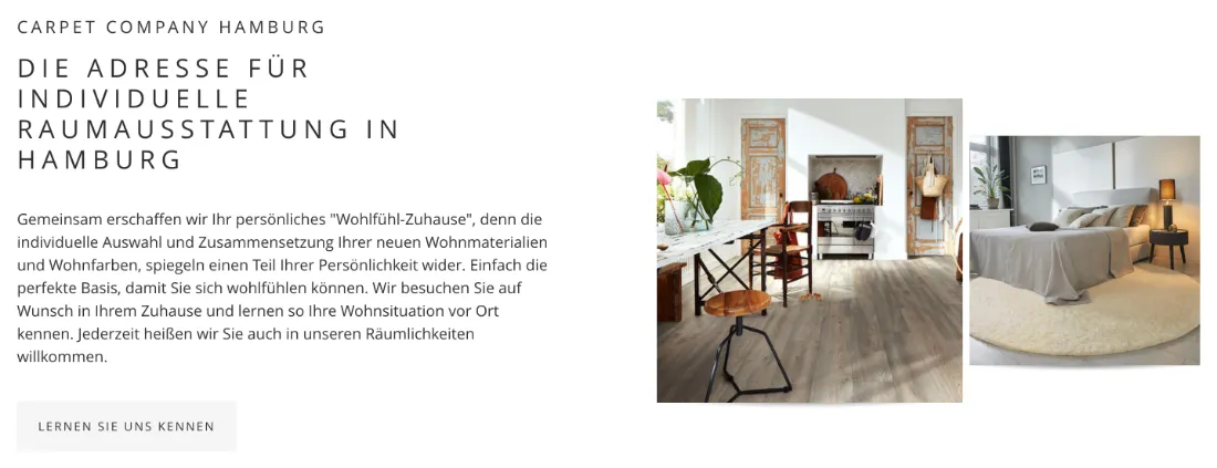 Ausschnitt der Website von Jan Qualmann, Hamburg: Klare Ortsangabe und Ablauf mit Hausbesuch erklärt — wer sucht, erkennt sofort, ob Angebot und Weg dorthin passen.