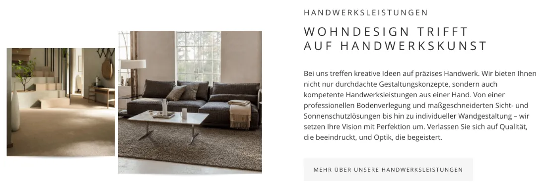 Ausschnitt der Website von Jan Qualmann, Hamburg: Konkrete Leistungen von Boden bis Wand gelistet — der Besucher muss nichts erraten und findet per Button Details.