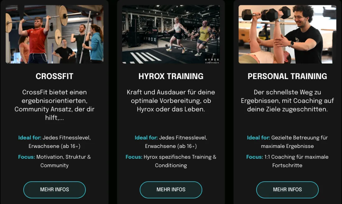 Ausschnitt der Website von CrossFit Recklinghausen, Recklinghausen: Drei Kacheln mit Zielgruppe und Fokus — wer vergleicht, findet ab 16+, Hyrox‑Spezifik und 1:1‑Coaching ohne Suchen.
