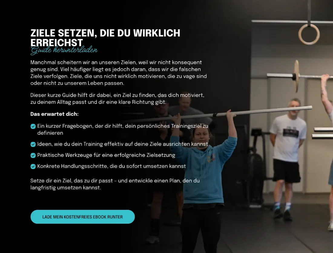 Ausschnitt der Website von CrossFit Recklinghausen, Recklinghausen: Kostenfreier Guide mit vier Nutzenpunkten und großem Download‑Button — wer startet, bekommt sofort umsetzbare Hilfen.