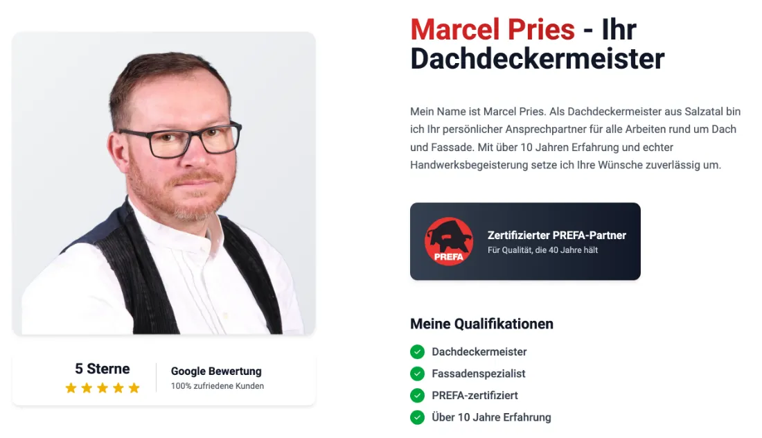 Ausschnitt der Website von Dachdeckermeister, Saalekreis: Konkrete Fakten statt Phrasen — 5 Sterne bei Google, PREFA‑Zertifikat und über 10 Jahre Erfahrung stehen da.