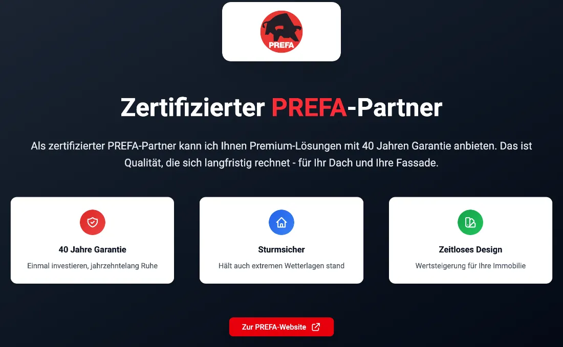 Ausschnitt der Website von Dachdeckermeister, Saalekreis: Zertifikat wird in Nutzen übersetzt — 40 Jahre Garantie und Sturmschutz machen die Wahl greifbar und vergleichen leichter.