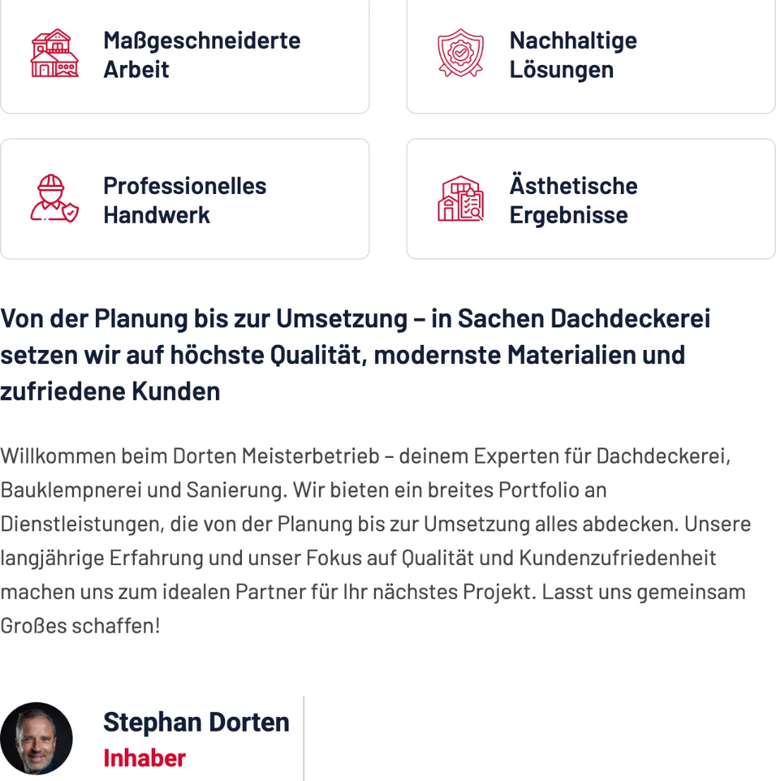 Ausschnitt der Website von Stephan Dorten, Bonn: Vier Kacheln bündeln die Vorteile in Stichworten — wer sucht, erkennt in Sekunden, wofür der Betrieb steht.