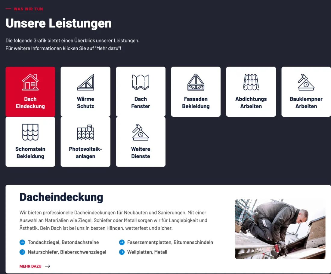 Ausschnitt der Website von Stephan Dorten, Bonn: Neun Kacheln mit klaren Titeln und aktivem Reiter — der Besucher wählt ein Thema und bekommt unten sofort Details.