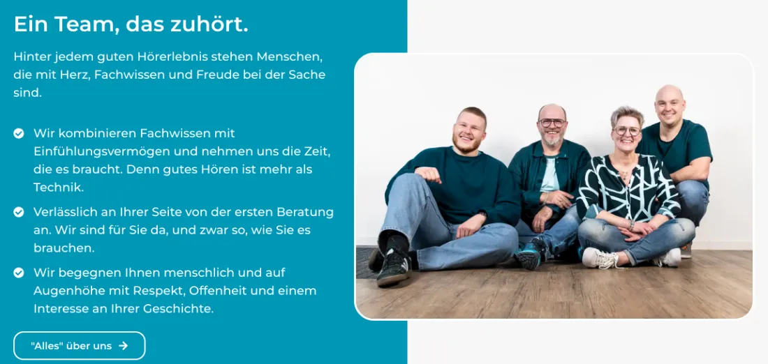 Ausschnitt der Website von Bahnhofspassage, Landkreis Böblingen: Überschrift, drei Stichpunkte und ein Teamfoto auf Augenhöhe — wer sucht, erkennt Haltung und Nutzen in Sekunden.