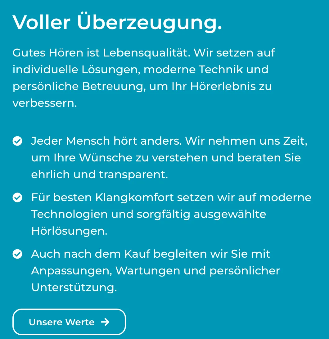 Ausschnitt der Website von Bahnhofspassage, Landkreis Böblingen: Klarer Text mit drei Versprechen und einem Werte‑Link — der Besucher erfasst Vorgehen und Betreuung ohne Nachfragen.