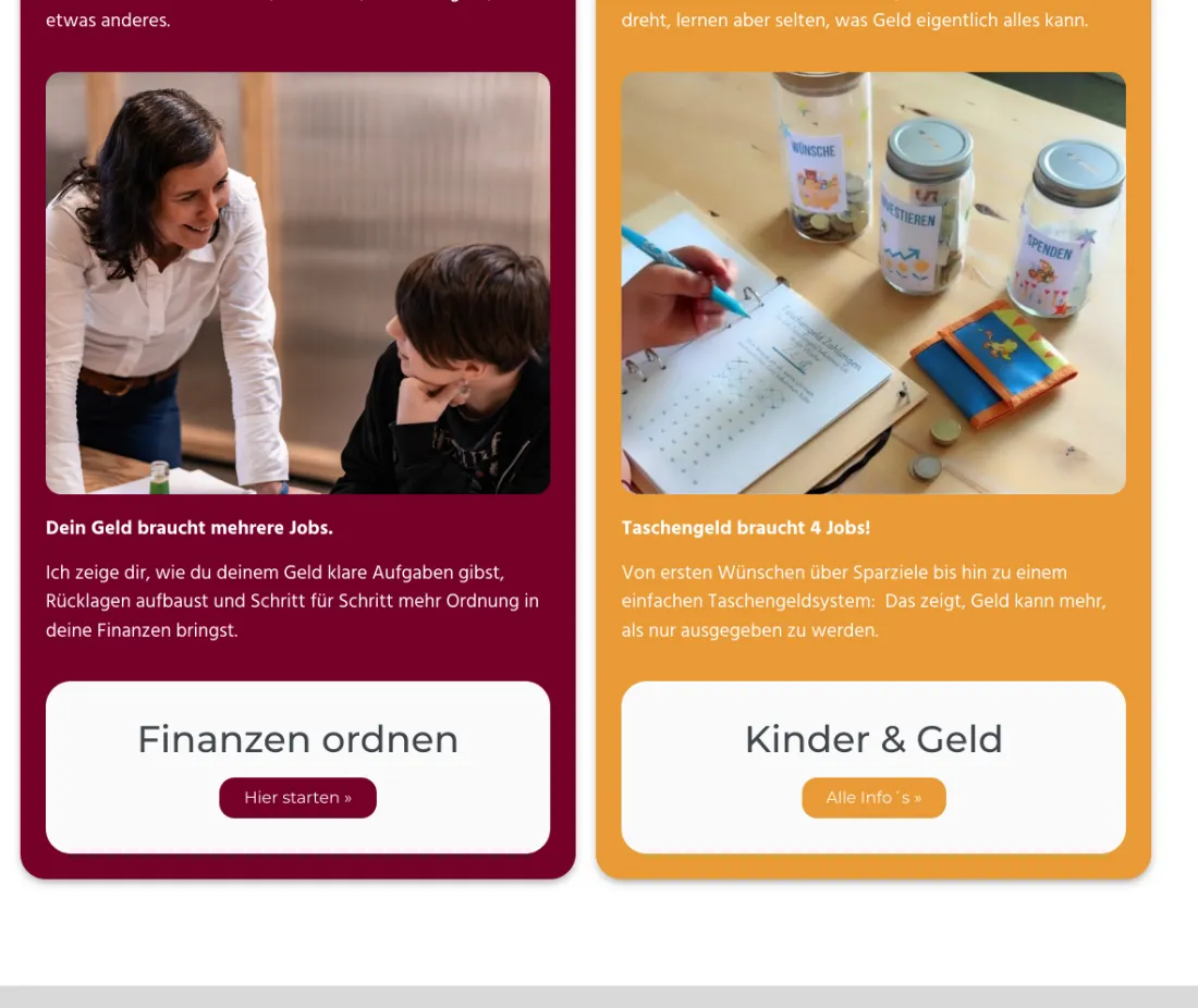 Ausschnitt der Website von DieFinanzkomplizin, Wuppertal: Zwei klar getrennte Kacheln mit je einem großen Ziel-CTA — wer sucht, erkennt sofort seinen Bereich und klickt weiter.