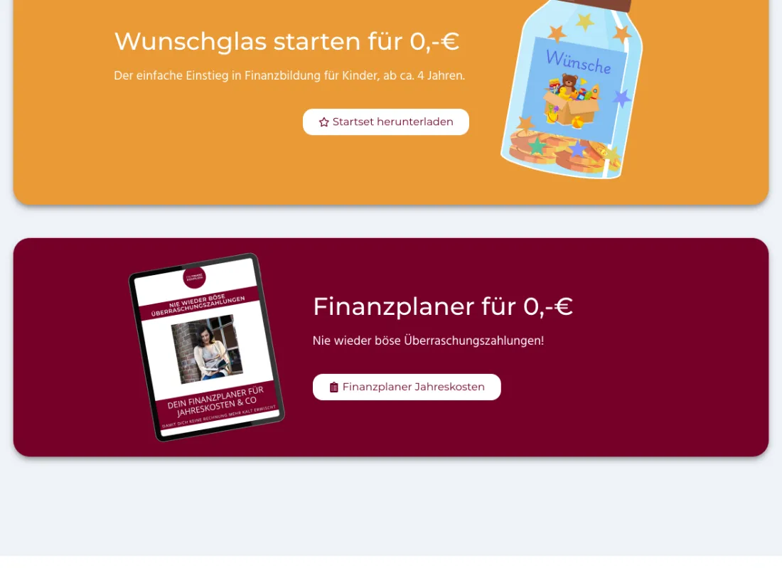 Ausschnitt der Website von DieFinanzkomplizin, Wuppertal: Zwei Angebote für 0,- € werden groß angekündigt — die Einstiegshürde sinkt, wer zögert, kann risikofrei testen.