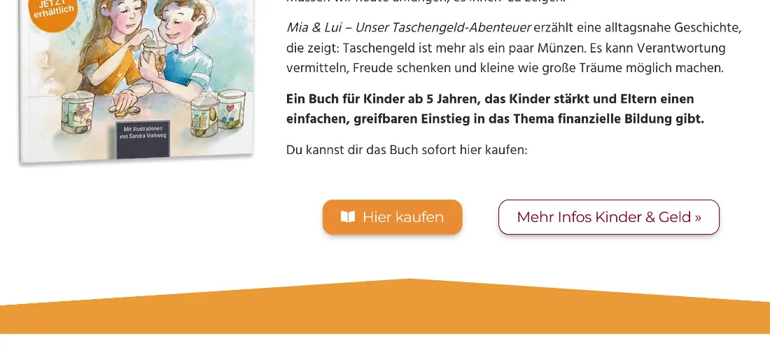 Ausschnitt der Website von DieFinanzkomplizin, Wuppertal: Altersangabe ab 5 Jahren sowie zwei Wege—kaufen oder mehr Infos—geben Orientierung und erleichtern die Entscheidung.