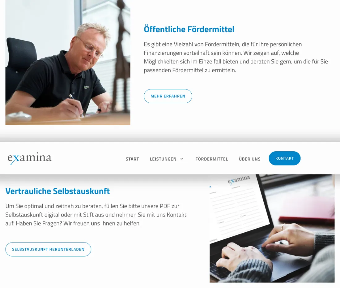 Ausschnitt der Website von examina Finanzkontor GmbH, Flensburg: Zwei klare Schritte: Info zu Fördermitteln und Download der Selbstauskunft — wer starten will, braucht keine Navigation.