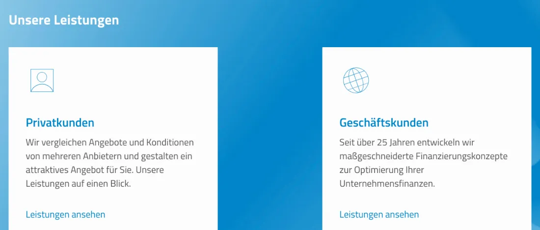 Ausschnitt der Website von examina Finanzkontor GmbH, Flensburg: Zwei Kacheln trennen Privat- und Geschäftskunden — 25‑Jahre‑Hinweis liefert Kontext und führt per Link direkt weiter.