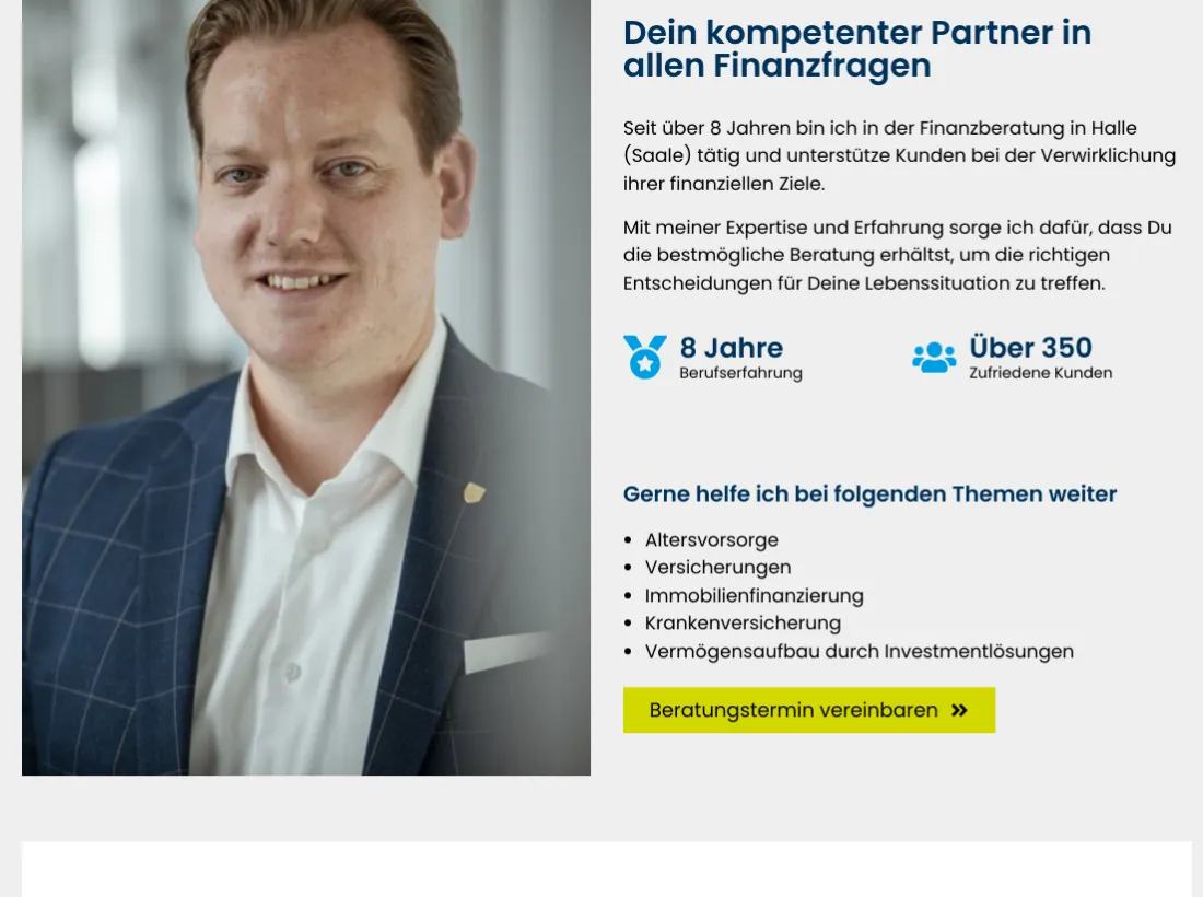 Ausschnitt der Website von Florian Scheithauer, Halle (Saale): 8 Jahre Erfahrung und über 350 Kunden als harte Zahlen — wer vergleicht, kann Qualität ohne Floskeln schnell einschätzen.