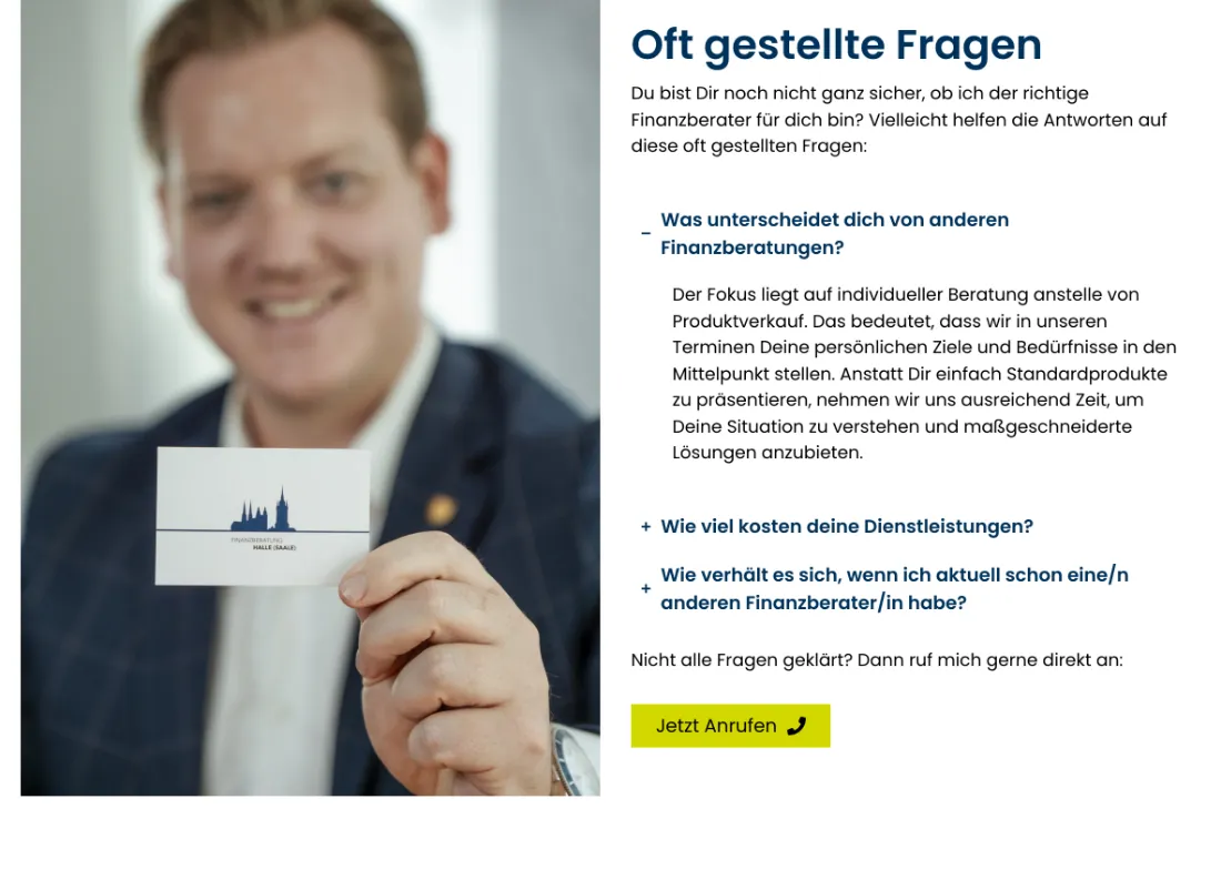 Ausschnitt der Website von Florian Scheithauer, Halle (Saale): FAQ klärt zentrale Einwände vorab und schließt mit gelbem Anruf-Button — das senkt Hürden und führt direkt zum Kontakt.