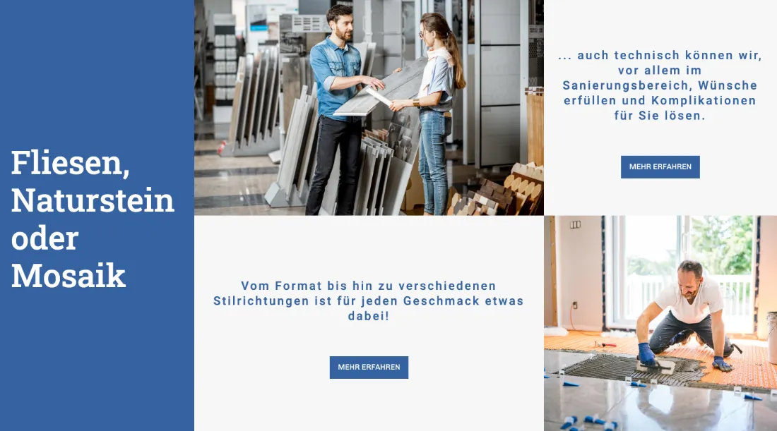 Ausschnitt der Website von Fliesen Féret Fliesenlegermeisterbetrieb, Frankfurt am Main: Drei Kacheln mit klaren Überschriften und zwei 'Mehr erfahren'-Buttons — wer sucht, findet sofort Wege zu Sanierung, Auswahl und Verlegung.