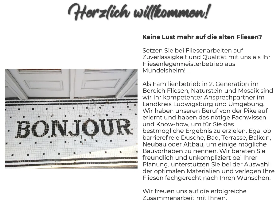 Ausschnitt der Website von Fliesen Féret Fliesenlegermeisterbetrieb, Frankfurt am Main: Einstieg nennt Leistungen und Region (Landkreis Ludwigsburg) sowie 2. Generation — der Besucher prüft Relevanz und Erfahrung auf einen Blick.