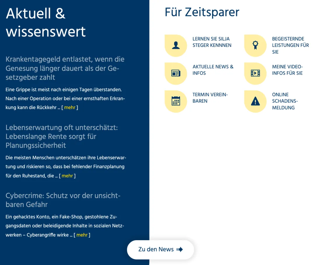 Ausschnitt der Website von SP Finanzpartner Nürnberg GmbH, Nürnberg: Sechs Schnellzugriffe mit Piktogrammen plus Kurznews nebeneinander — wer etwas erledigen will, findet den richtigen Einstieg ohne Suchen.