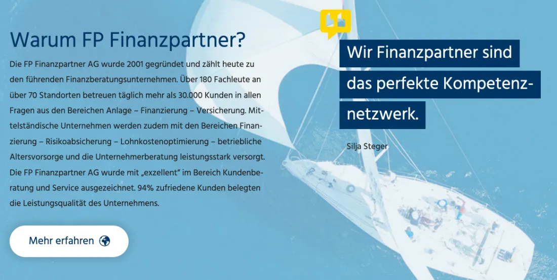 Ausschnitt der Website von SP Finanzpartner Nürnberg GmbH, Nürnberg: Konkrete Kennzahlen — 180 Fachleute, 70 Standorte, 30.000 Kunden täglich, 94% Zufriedenheit — belegen Leistungsfähigkeit statt Floskeln.