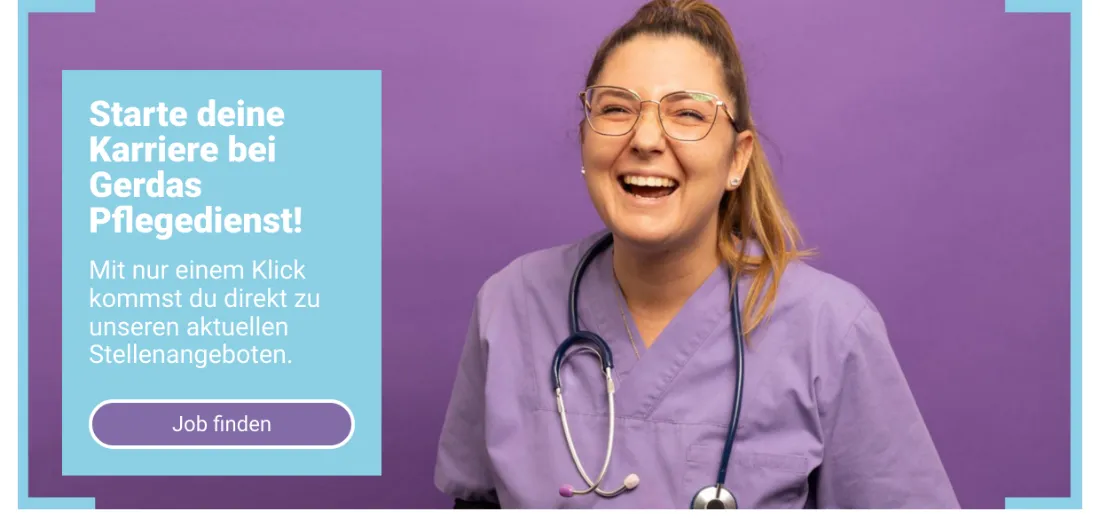 Ausschnitt der Website von Gerdas Pflegedienst, Hamm: Der klare Karriereblock mit 'Job finden' spart Umwege — ein Klick führt direkt zu den offenen Stellen.