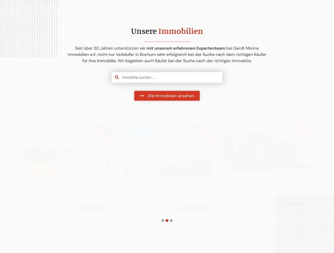 Ausschnitt der Website von Gerdt Menne Immobilien e.K., Bochum: Ein Suchfeld plus der Button Alle Immobilien ansehen — wer stöbern will, gelangt ohne Umwege zur kompletten Auswahl.