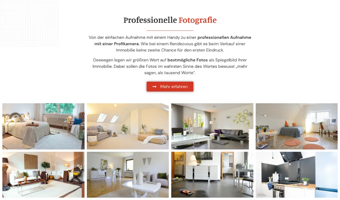 Ausschnitt der Website von Gerdt Menne Immobilien e.K., Bochum: Erklärung zum Fotoansatz mit acht Beispielbildern darunter — der Besucher sieht sofort, welche Bildqualität zu erwarten ist.