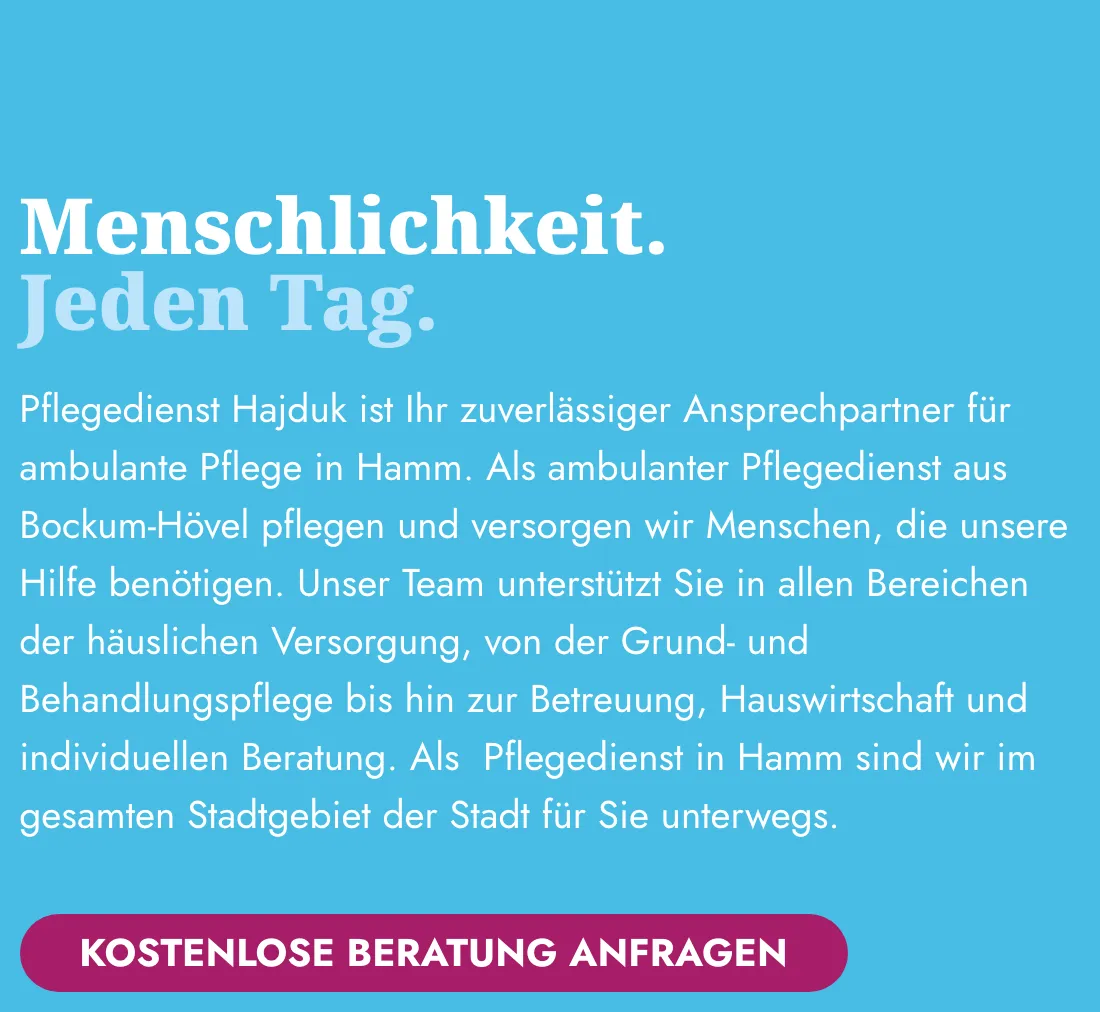 Ausschnitt der Website von Hajduk Pflegedienst, Hamm: Standort, Leistungen und kostenloser Erstkontakt auf einen Blick — wer sucht, erkennt Region Hamm und klickt direkt zur Beratung.