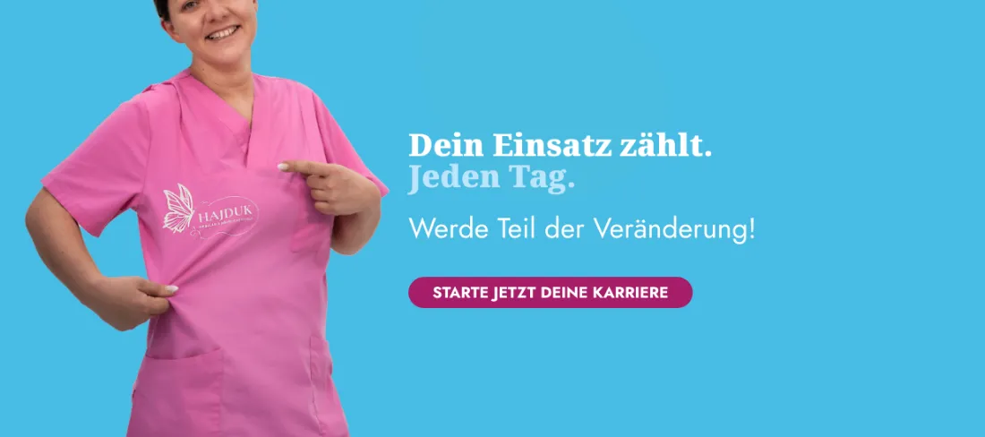 Ausschnitt der Website von Hajduk Pflegedienst, Hamm: Eigenständiger Bewerber-Block mit klarer Handlungsaufforderung — Jobsuchende erkennen sofort, wo es zur Karriere-Seite geht.