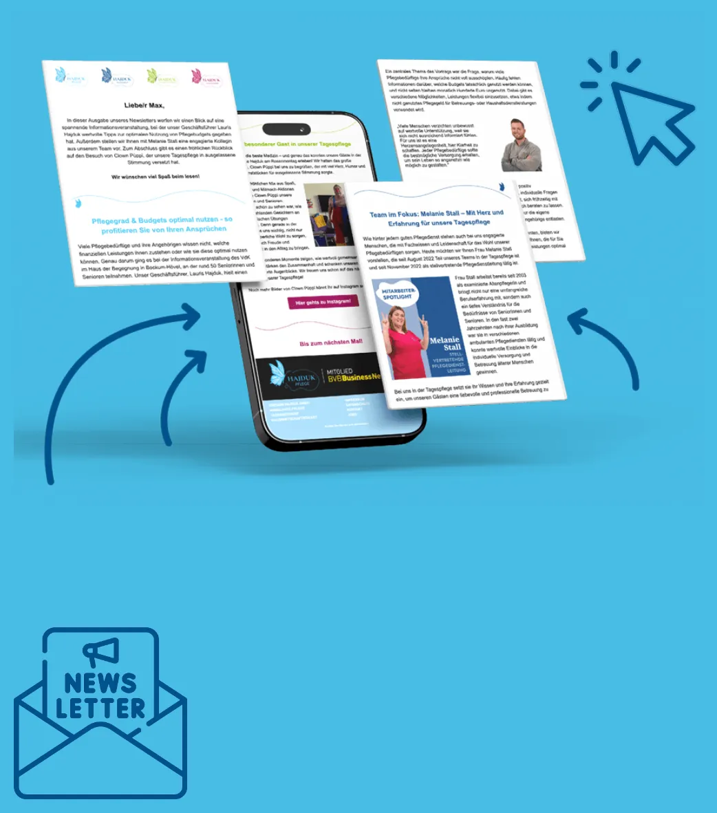 Ausschnitt der Website von Hajduk Pflegedienst, Hamm: Newsletter mit Artikelauszügen macht Themen greifbar — wer sich informieren will, sieht Regelmäßigkeit und kann Updates erwarten.