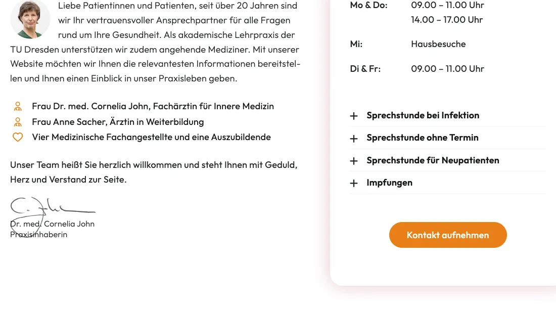 Ausschnitt der Website von Hausarztpraxis Dr. John, Dresden: Über 20 Jahre Praxis und ein Team mit 4 MFA plus 1 Auszubildende, daneben exakte Zeiten — wer kommt, plant ohne Umwege.