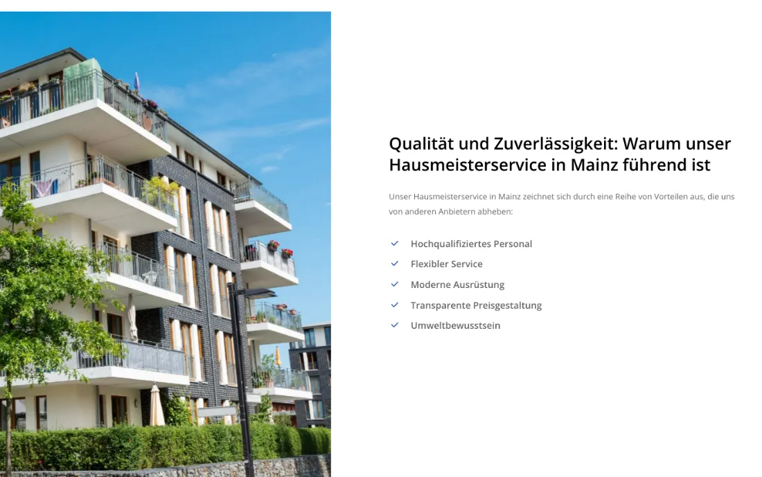 Ausschnitt der Website von Hausmeisterservice und Objektbetreuung, Mainz: Überschrift plus fünf klar getrennte Vorteile mit Häkchen — wer vergleicht, erfasst Stärken in Sekunden ohne langes Lesen.