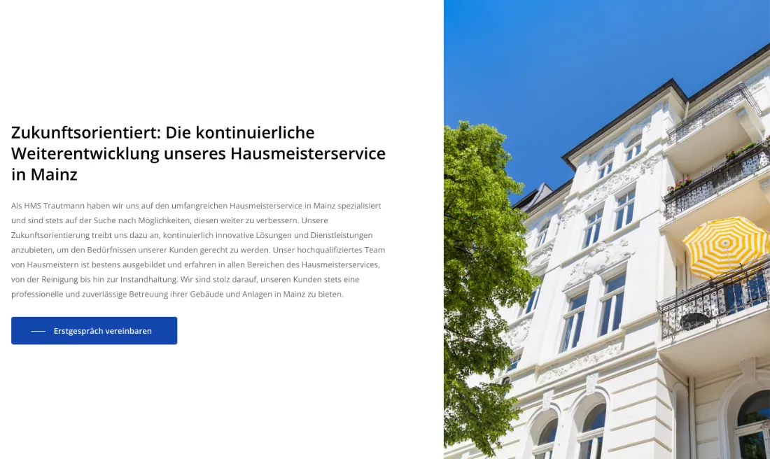 Ausschnitt der Website von Hausmeisterservice und Objektbetreuung, Mainz: Ausführliche Erklärung des Angebots plus klarer Button „Erstgespräch vereinbaren“ — wer Interesse hat, findet sofort den nächsten Schritt.